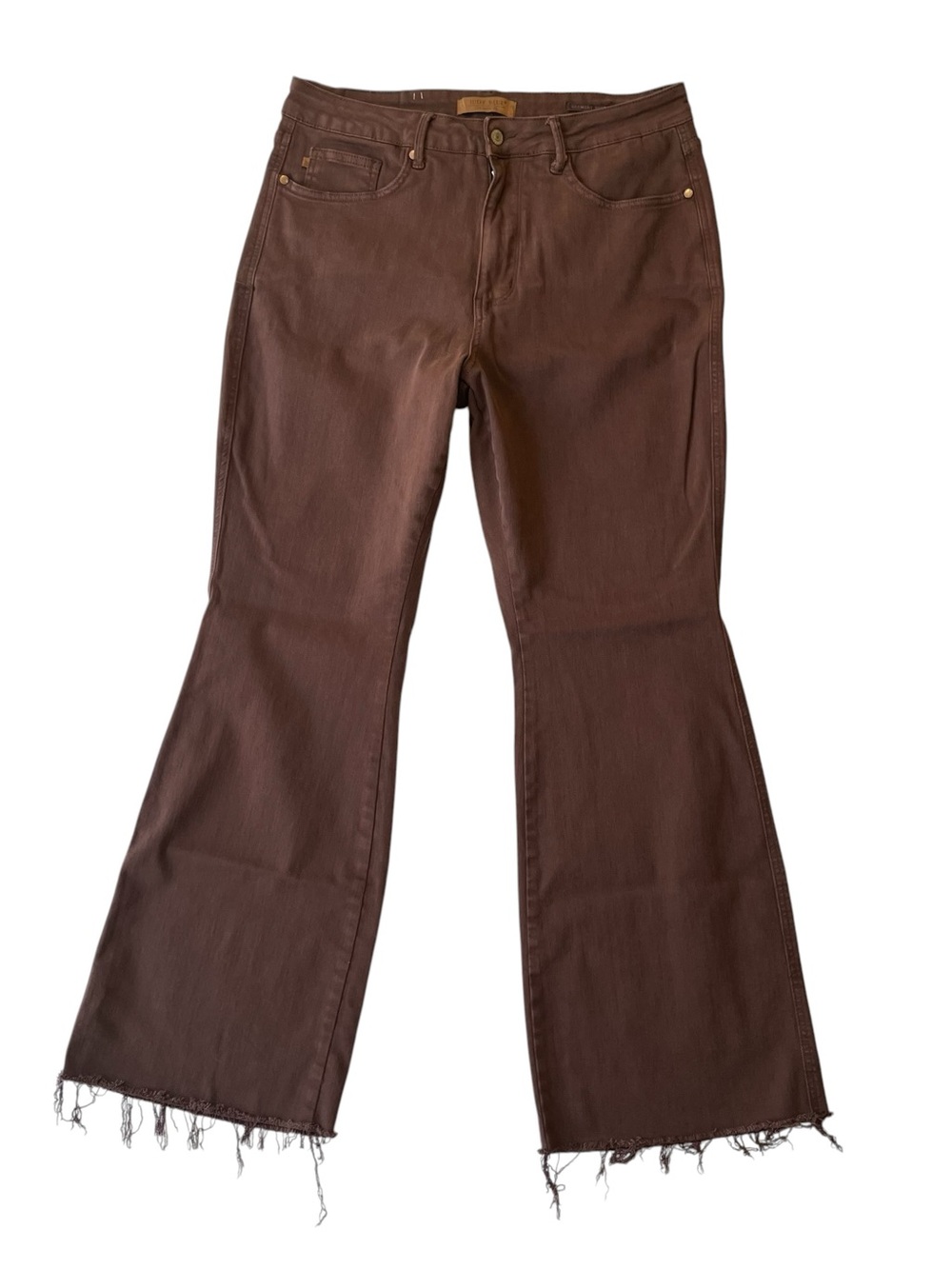 Judy Blue Flare jeans 16W Dark brown High rise waist Raw edge hem Womens Stretch